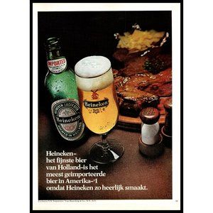 1974 Heineken Lager Beer Dutch Language VIntage Print Ad Steak Dinner Wall Art